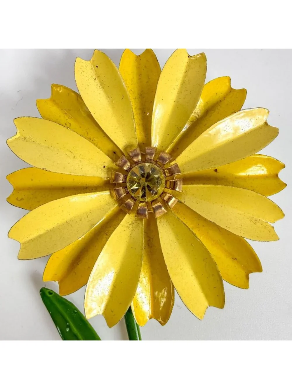 Vintage Enamel Metal Yellow Flower Power Rhinestone Center Brooch Long Stem